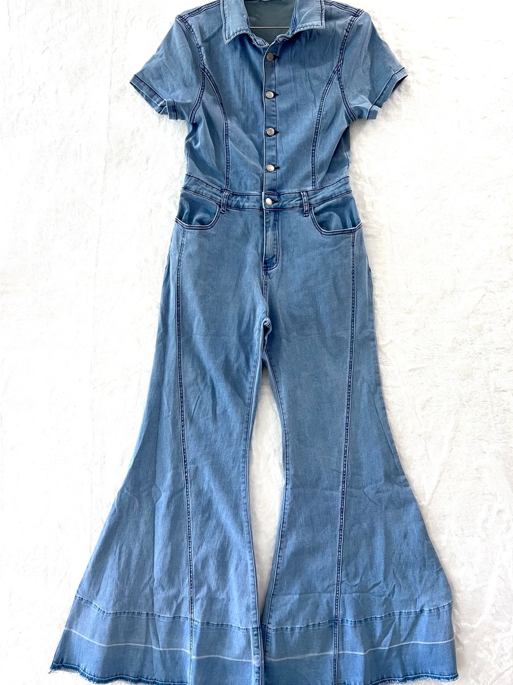 Wisteria Lane Denim Jumpsuit Bell Bottom Boho Western size Large